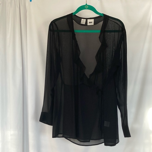Dkny Tops - DKNY 100% Silk Black ruffled neck long sleeve blouse